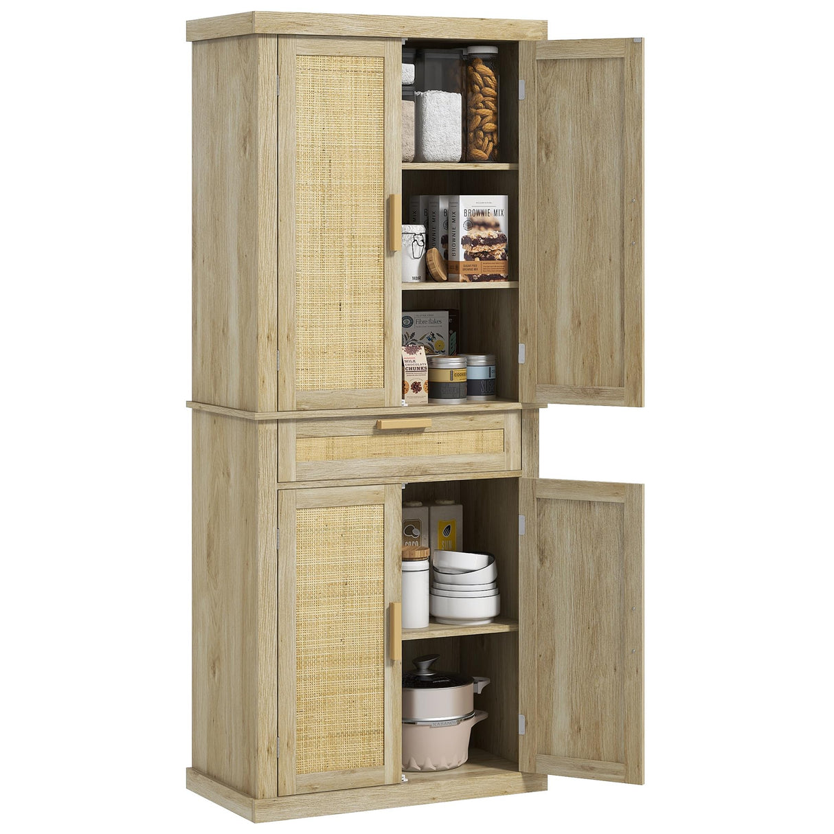 HOMCOM 72" Tall Kitchen Pantry Storage Cabinet, Rattan Freestanding Kitchen Cabinet with 4 Doors, Drawer, 5-Tier Shelf and Adjustable Shelves, Oak HOMCOM