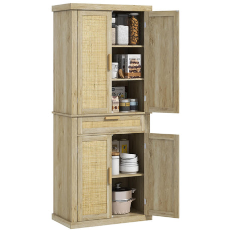 HOMCOM 72" Tall Kitchen Pantry Storage Cabinet, Rattan Freestanding Kitchen Cabinet with 4 Doors, Drawer, 5-Tier Shelf and Adjustable Shelves, Oak HOMCOM