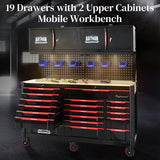 19 Drawers Rolling Tool Chest Large Mobile Workbench Heavy Duty Wood Top Tool Cart on Wheels Mechanic Toolbox Storage Cabinet for Garage, Workshop, Warehouse, Laboratory, with 2 Upper Cabinets WTRAVEL