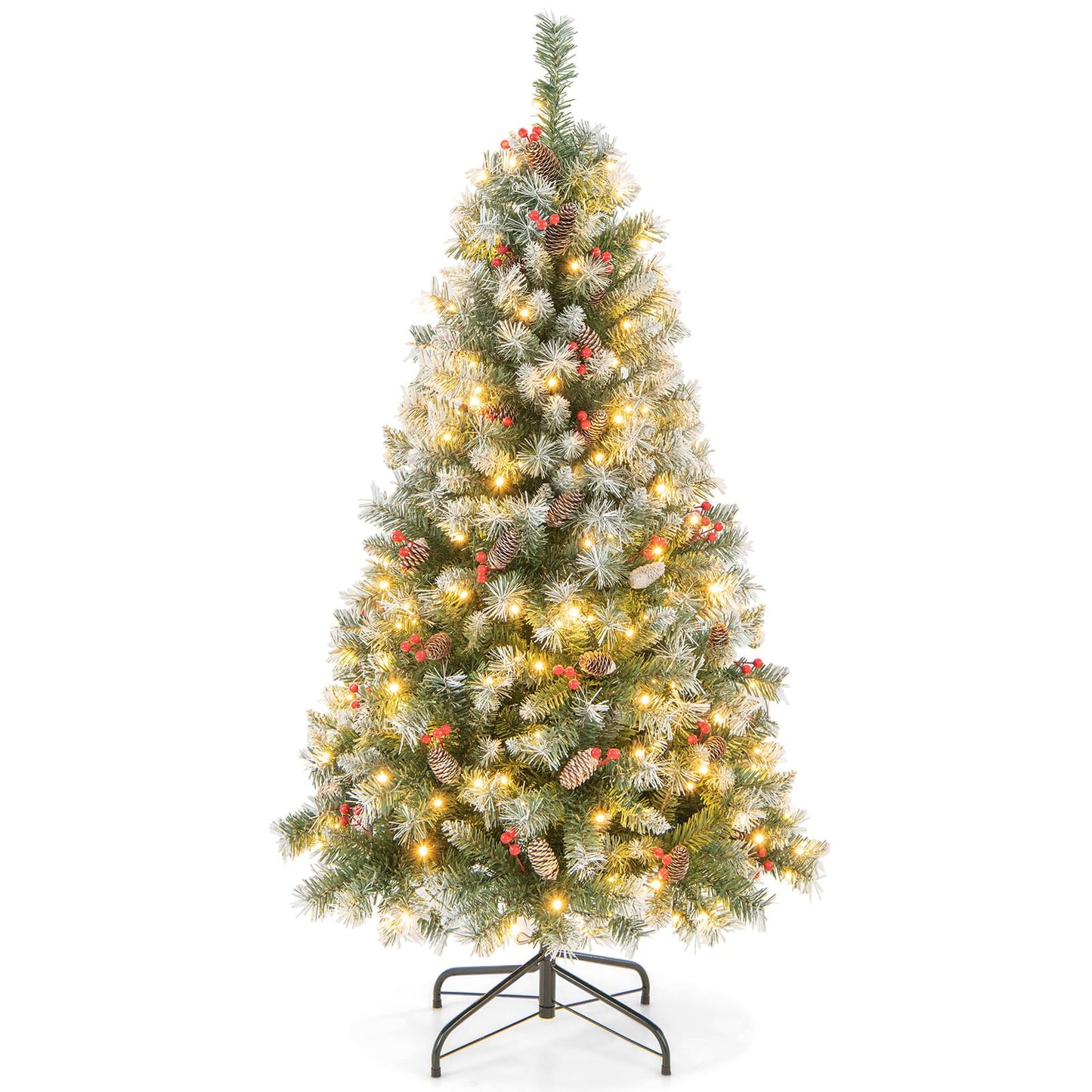 Goplus 5ft Pre-Lit Christmas Tree, Artificial Hinged Xmas Tree with 200 Warm-White LED Lights, 8 Lighting Modes, 450 Branch Tips, Red Berries & Pinecones, for Holiday Party Office Home Decor