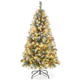 Goplus 5ft Pre-Lit Christmas Tree, Artificial Hinged Xmas Tree with 200 Warm-White LED Lights, 8 Lighting Modes, 450 Branch Tips, Red Berries & Pinecones, for Holiday Party Office Home Decor Goplus