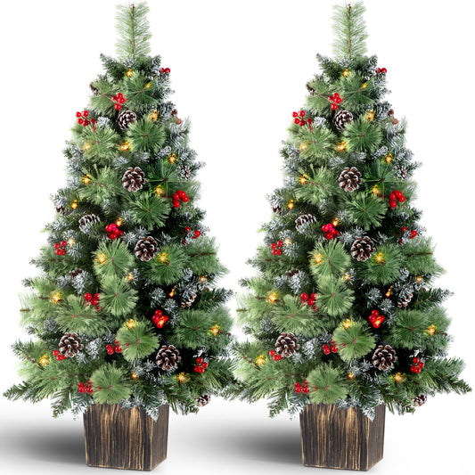 Jin&Bao 4FT Potted Christmas Tree with 100 Lights, Artificial Christmas Tree Outdoor Decor 8 Mode Timer Waterproof with Round Pine Cones & Red Berries for Front Door, Porch, 2 Pack