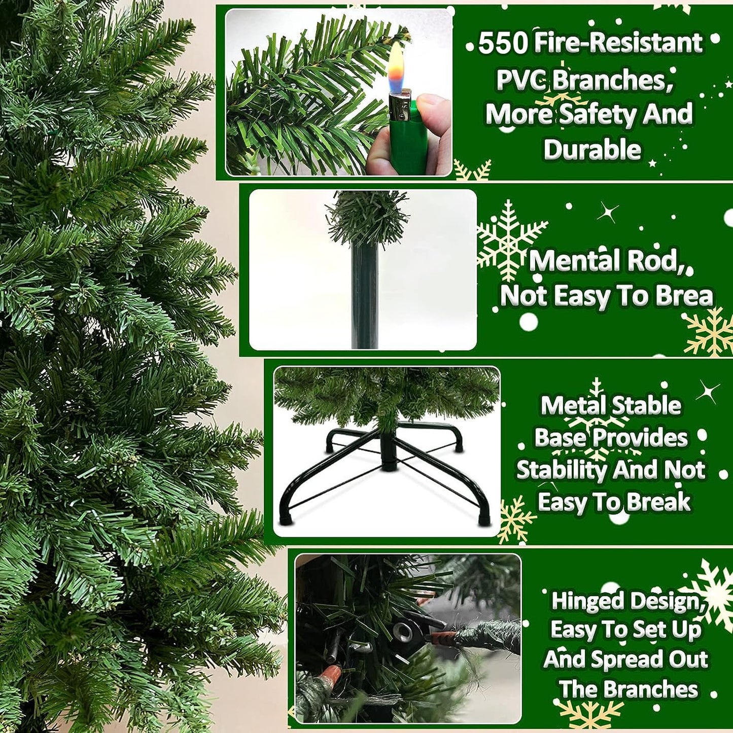 TURNMEON 5 Ft Pencil Christmas Tree with Thick 550 Tips, Metal Stand, Hinged Premium Realistic Spruce Green Branch Artificial Xmas Slim Tree Decor Home Indoor Outdoor Party