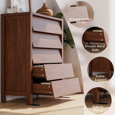 IRONCK 5 Drawer Dresser for Bedroom, Modern Chest of Drawers with Handleless Design, Wooden Tall Dresser Storage Cabinet Bedroom Furniture for Living Room, Hallway, Closet, Walnut IRONCK