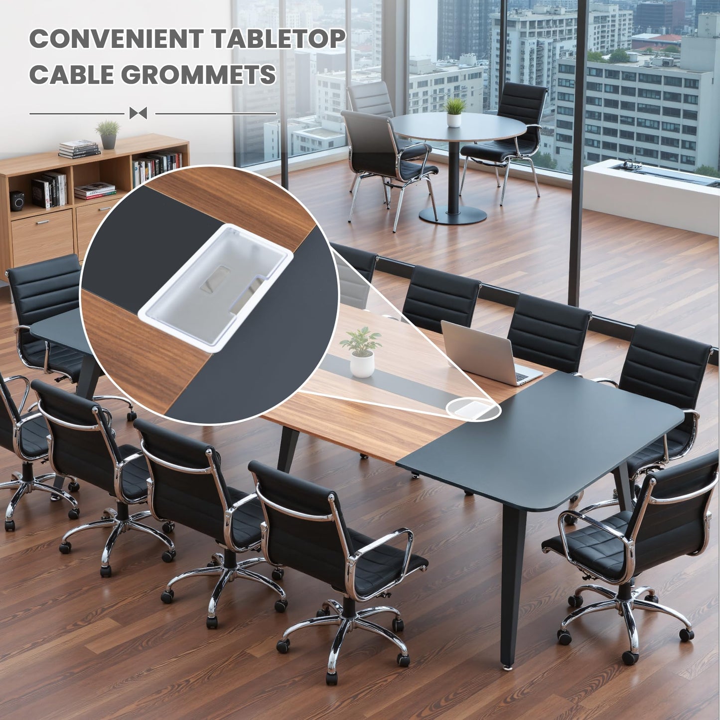 Shahoo 8FT Conference Table, Large Meeting Table with Rectangle Grommet and Metal Frame, Modern Seminar Boardroom Table for Office Conference Room, Black and Brown（94.5L*47.2W*29.9" H）