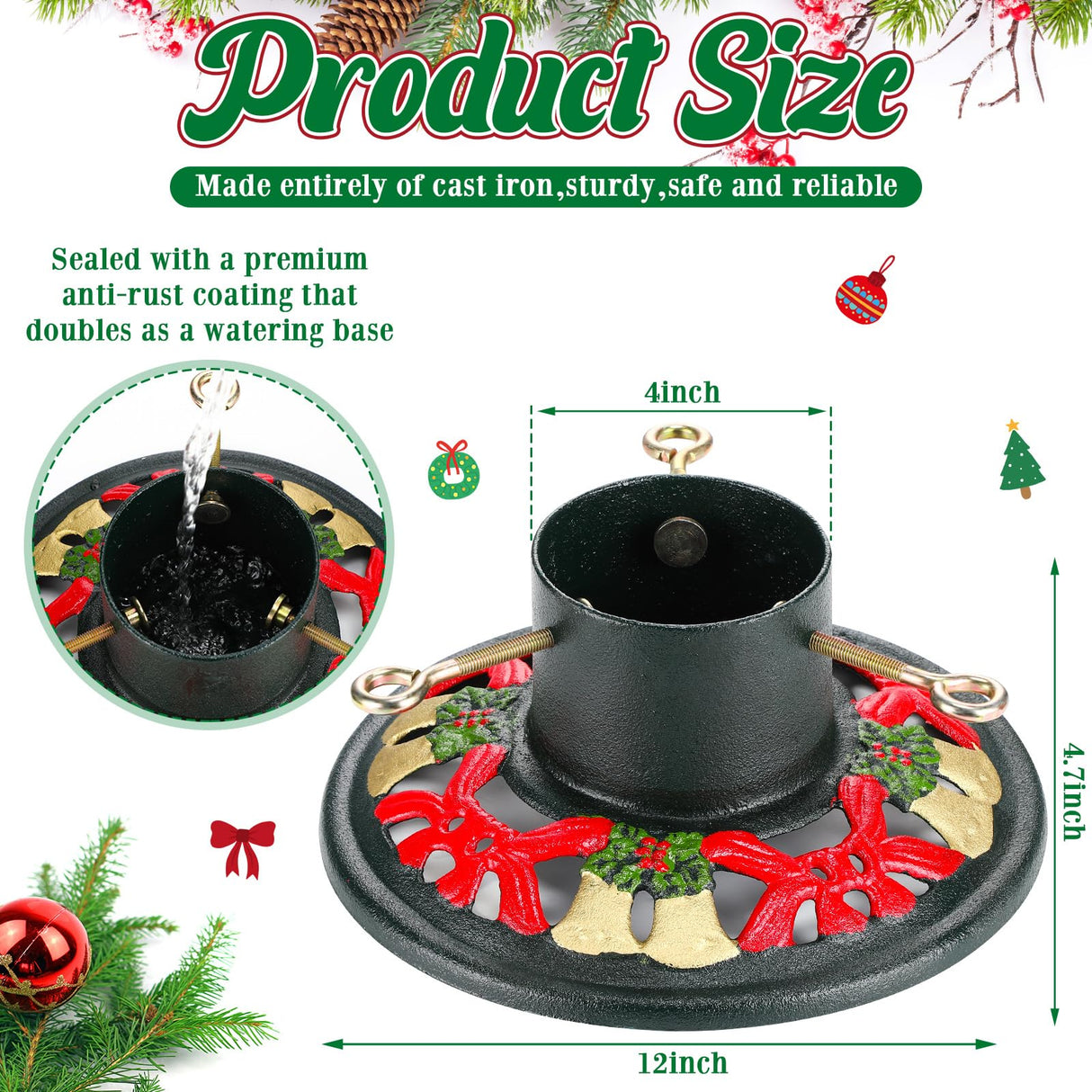 Huwena Christmas Tree Stand for Live Trees, Real Xmas Tree Holder Base Cast Iron, Supports up to 8ft, 4-Inch Diameter, 120lb Weight Capacity for Christmas Rustic Decoration (Bell, Bow Style) Huwena