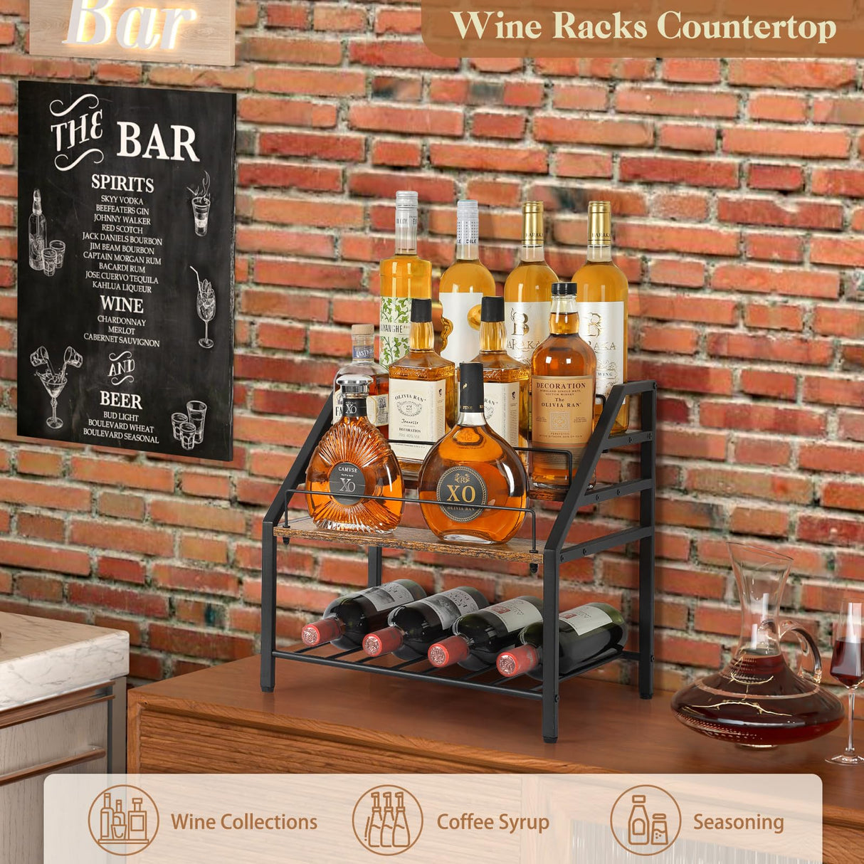 VINAEMO Wine Racks Countertop, 3-Tier Liquor Bottle Display Shelf, Coffee Syrup Organizer, Small Wine Rack, Wine Bottle Holder for Whiskey Bar, Retro Bar Shelves for Home Bar VINAEMO