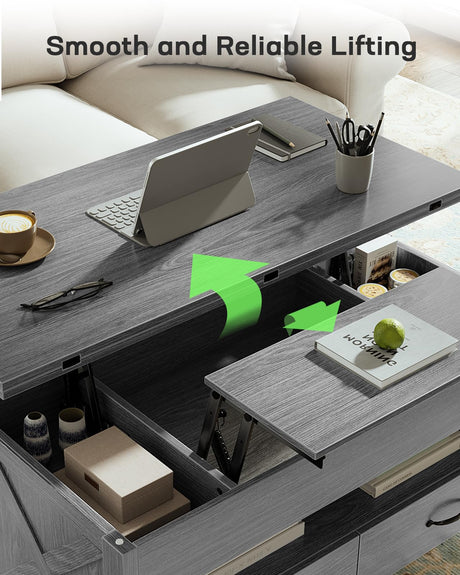 Marsail Lift-Top Coffee Table, 4-in-1 Multi-Functional Center Table with Hidden Compartment, 2 Drawers & Open Shelf, Adjustable Height for Living Room Office, Gray Marsail