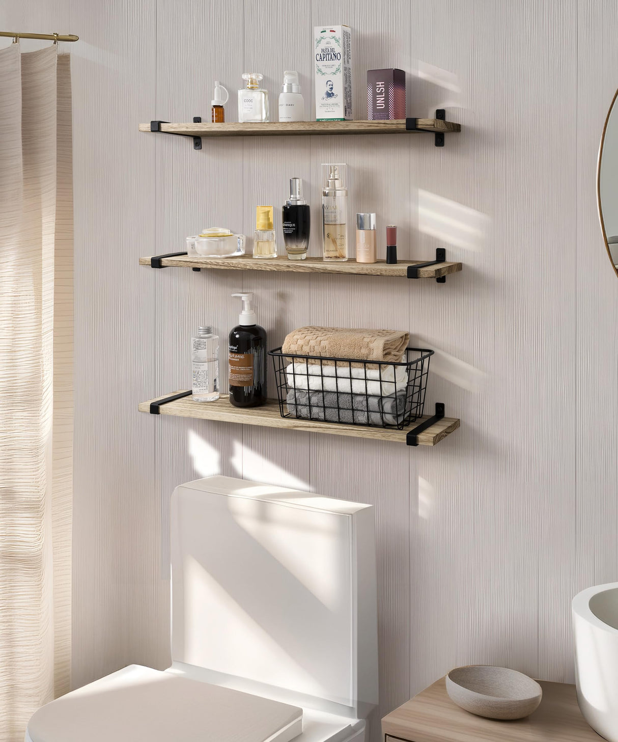 Gronda Floating Shelves Natural Wood Set of 3, 24 Inch Rustic Solid Wood Shelf Wall Mounted Farmhouse Decor Shelves for Bathroom Living Room Bedroom Kitchen Gronda