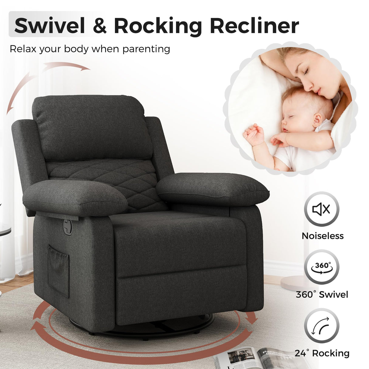 Glider Recliner for Adult Indoor Upholstered Lounge Nursery Chair Swivel Single Sofa with Side Pockets for Living Room Bedroom(Black) Amopatio