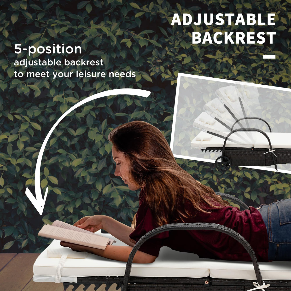 Outsunny Wicker Outdoor Chaise Lounge, 5-Level Adjustable Backrest PE Rattan Pool Lounge Chair with Wheels, Cushion & Headrest, Mixed Brown and Cream White Outsunny