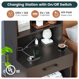 AOGLLATI Tall Night Stand Set of 2 with Charging Station and LED Lights, Black Nightstand with 3 Drawers and Adjustable Shelves, Modern Bedside Table with Bookshelf for Bedroom AOGLLATI