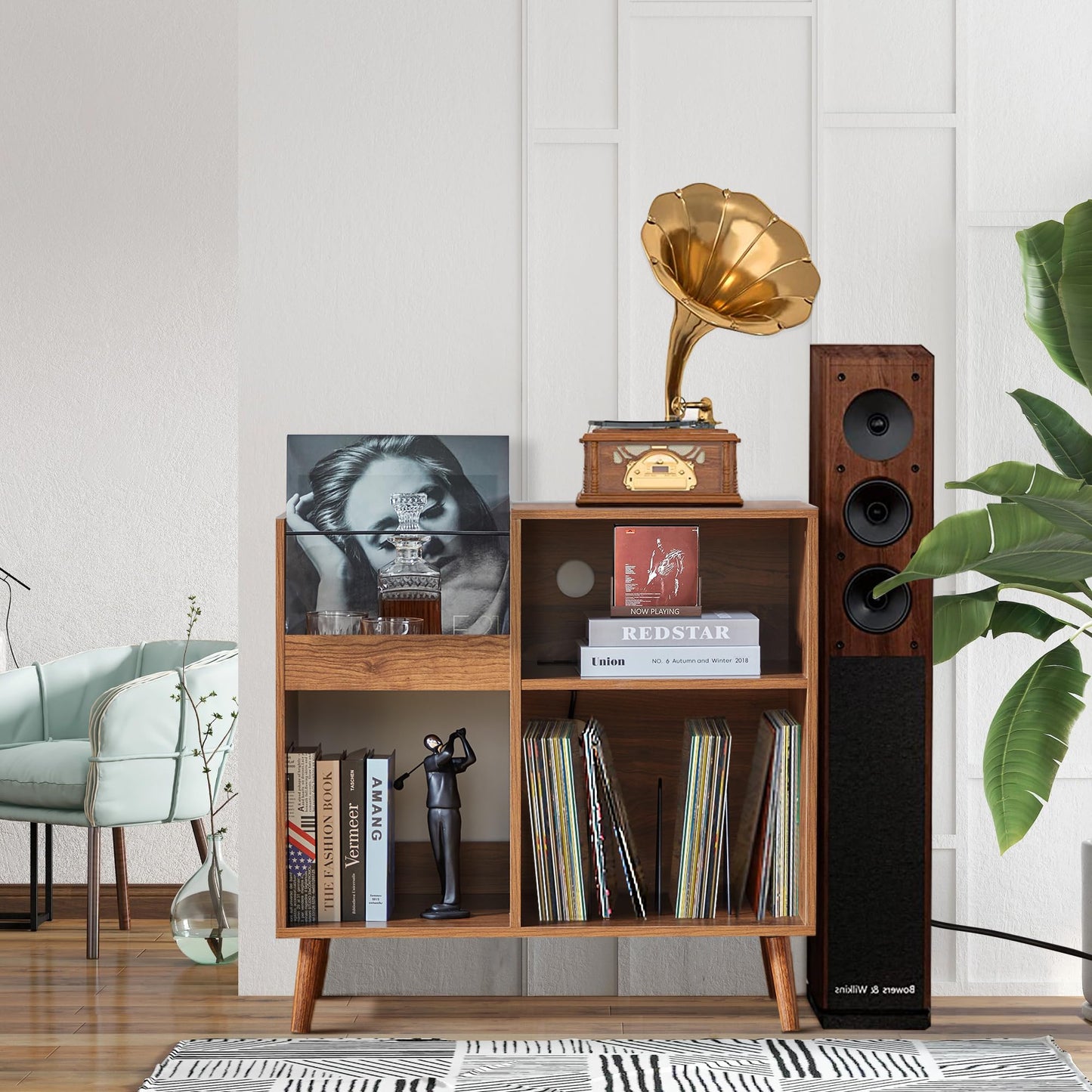 affeivul Mid-Century Vinyl Storage Cabinet Table with Solid Wood Legs, Turntable Stand with Power Outlet Holds up to 200 Albums, Record Player Holder Display Shelf, End Table for Bedroom Living Room