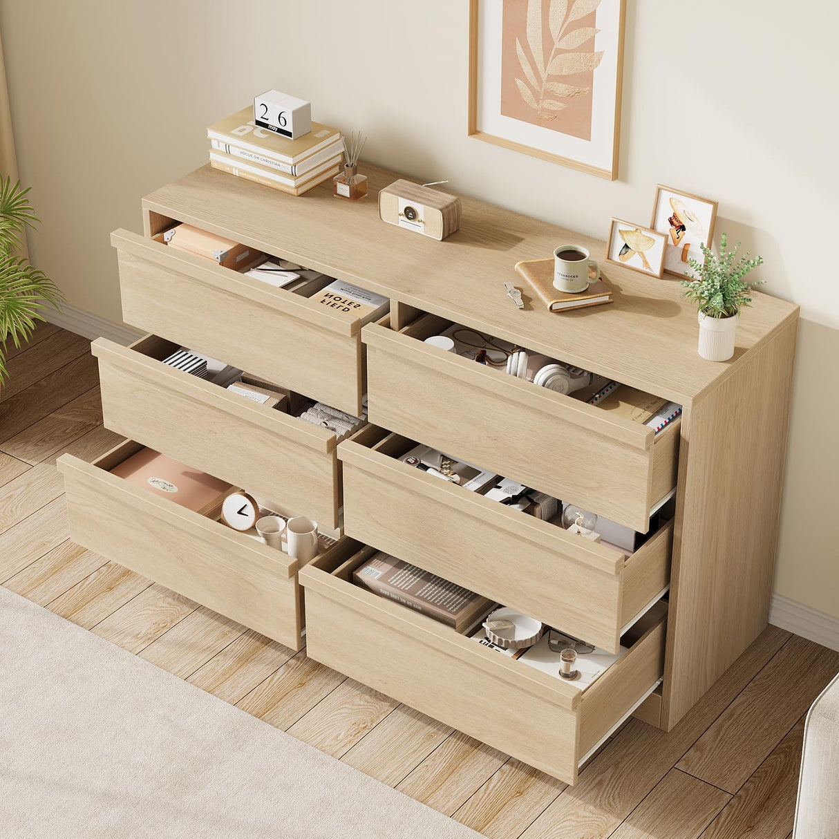 GarveeHome 6 Drawer Dresser for Bedroom, 47in Wide Natural Oak 6 Chest of Drawers with Large Storage, Wooden Dresser Organizer for Living Room, Entryway, Nursery GarveeHome