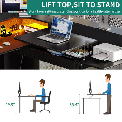 YITAHOME L Shaped Standing Desk with Power Outlets & LED Lights, 60" Computer Desk with Drawers & Lift Top, Corner Desk Office Desk with Monitor Stand, Wood Height Adjustable Desk, Black & Brown