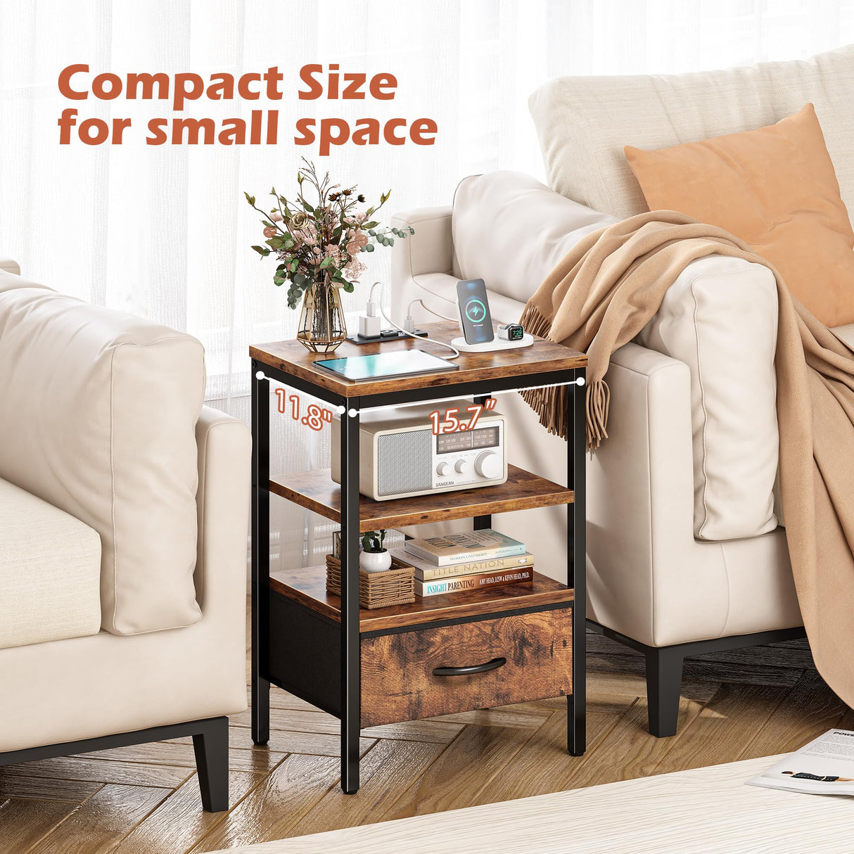 SUPERJARE Nightstand with Charging Station, Bed Side Table with Adjustable Fabric Drawer, Night Stand for Bedroom, 3-Tier Storage End Table, for Living Room, Rustic Brown SUPERJARE