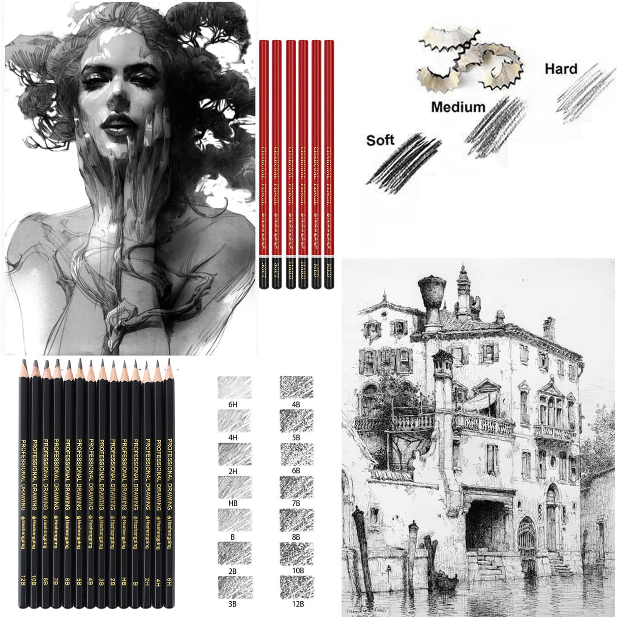 Heshengping 31 Pack Drawing Pencils Sketch Pencil Art Supplies Set for Adults Beginners Artists Pro Sketching Art Graphite Charcoal Blending Stump Pencils kit Heshengping