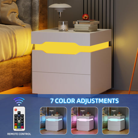 Flamaker LED Nightstand with Charging Station, End Table with 2 Drawer Storage Cabinet, Bedside Table with Sliding Top for Bedroom and Living Room (White) Flamaker