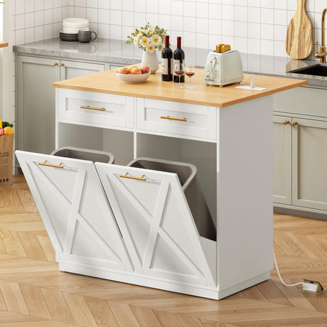 YITAHOME Double Tilt Out Trash Cabinet 10 Gallon with Drop Leaf & Power Outlet, Rolling Kitchen Island Trash Can Recycling Cabinet w Drawer, Pet Proof Garbage Bin Storage for Kitchen, White Oak YITAHOME