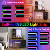 CHARMAID RBG LED Makeup Vanity Table, Colorful Lighted Mirror, 7 Dynamic & 7 Static Modes, 3-drawer Chest, 3 Shelves, Large Drawer, Girls Vanity Desk Dressing Table with Stool CHARMAID