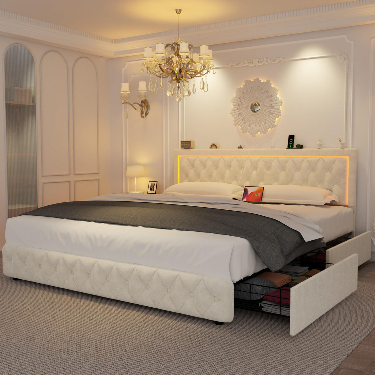 VOHOBY Queen Bed Frame with 4 Storage Drawers, Velvet Upholstered Bed Frame Queen Size with Charging Station and LED Lights, 46" Adjustable Button Tufted Headboard, No Box Spring Needed, Beige VOHOBY