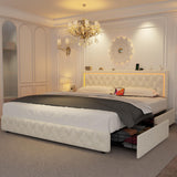 VOHOBY Queen Bed Frame with 4 Storage Drawers, Velvet Upholstered Bed Frame Queen Size with Charging Station and LED Lights, 46" Adjustable Button Tufted Headboard, No Box Spring Needed, Beige VOHOBY