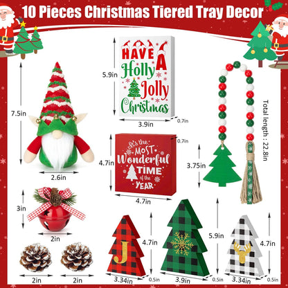 Christmas Tiered Tray Decor 10 PCS Christmas Decorations for Home - Christmas Table Decor Wooden Signs & Christmas Gnome Plush Set - Farmhouse Christmas Tray Decor Kitchen Table Mantel Christmas Party