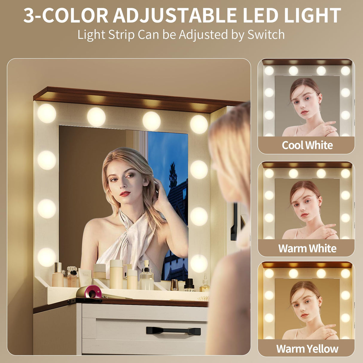 NEDYO Vanity with Mirror and Lights, Farmhouse Vanity Desk, Makeup Vanity Table Set, Small Wood Vanity with Chair, Vintage Large Light Bulbs Dimmable Mirror, Shelves and Drawers. White NEDYO