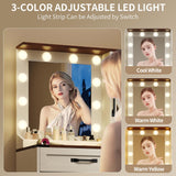 NEDYO Vanity with Mirror and Lights, Farmhouse Vanity Desk, Makeup Vanity Table Set, Small Wood Vanity with Chair, Vintage Large Light Bulbs Dimmable Mirror, Shelves and Drawers. White NEDYO