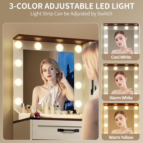 NEDYO Vanity with Mirror and Lights, Farmhouse Vanity Desk, Makeup Vanity Table Set, Small Wood Vanity with Chair, Vintage Large Light Bulbs Dimmable Mirror, Shelves and Drawers. White NEDYO