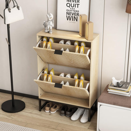 Lisicues Shoe Cabinet Storage for Entryway, Modern Slim Shoe Organizer, Tipping Shoe Cabinet with 2 Flip Drawers Fluted Panel, Narrow Shoe Rack for Living Room (Wood) Lisicues