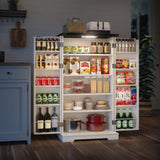 50" Kitchen Pantry Farmhouse Storage Cabinets - Led Food Cabinets Cupboards with 2 Barn Doors and Shelves Adjustable for Small Space in Dinning or Living Room, in Distressed White Furnaza