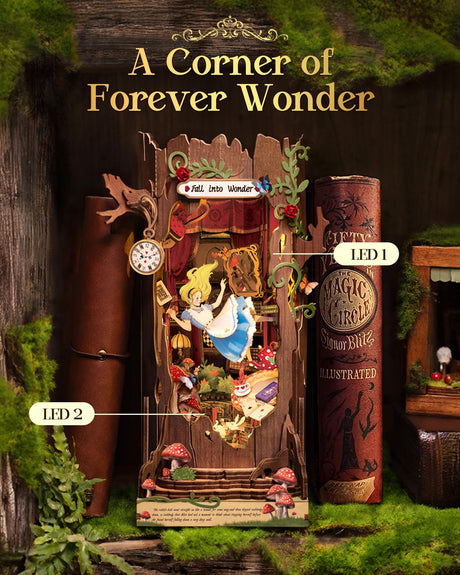 Rolife Book Nook Kit Fall into Wonder DIY Miniature Kit, 9.9" Tree Hollow Booknook 3D Wooden Puzzle with LEDs Fairy Tale Bookshelf Decor Gift for Adults & Teens Rolife