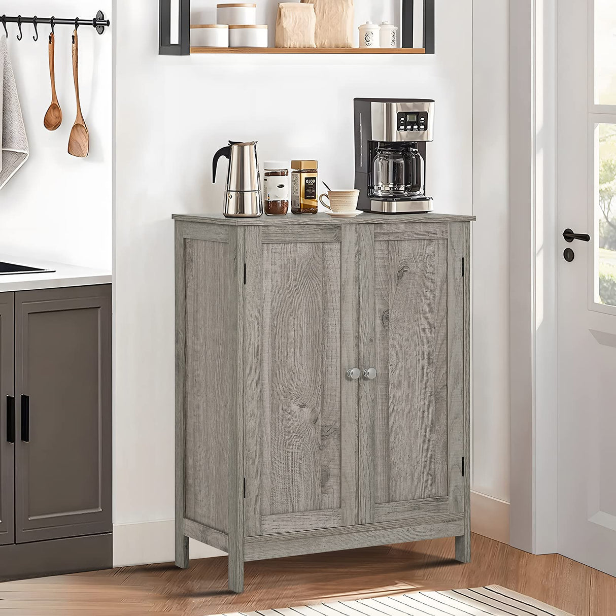 Iwell Storage Cabinet, Floor Storage Cabinet with 2 Adjustable Shelves & 2 Doors, Wooden Shoe Cabinet for Entryway, Office, Living Room, Gray Iwell