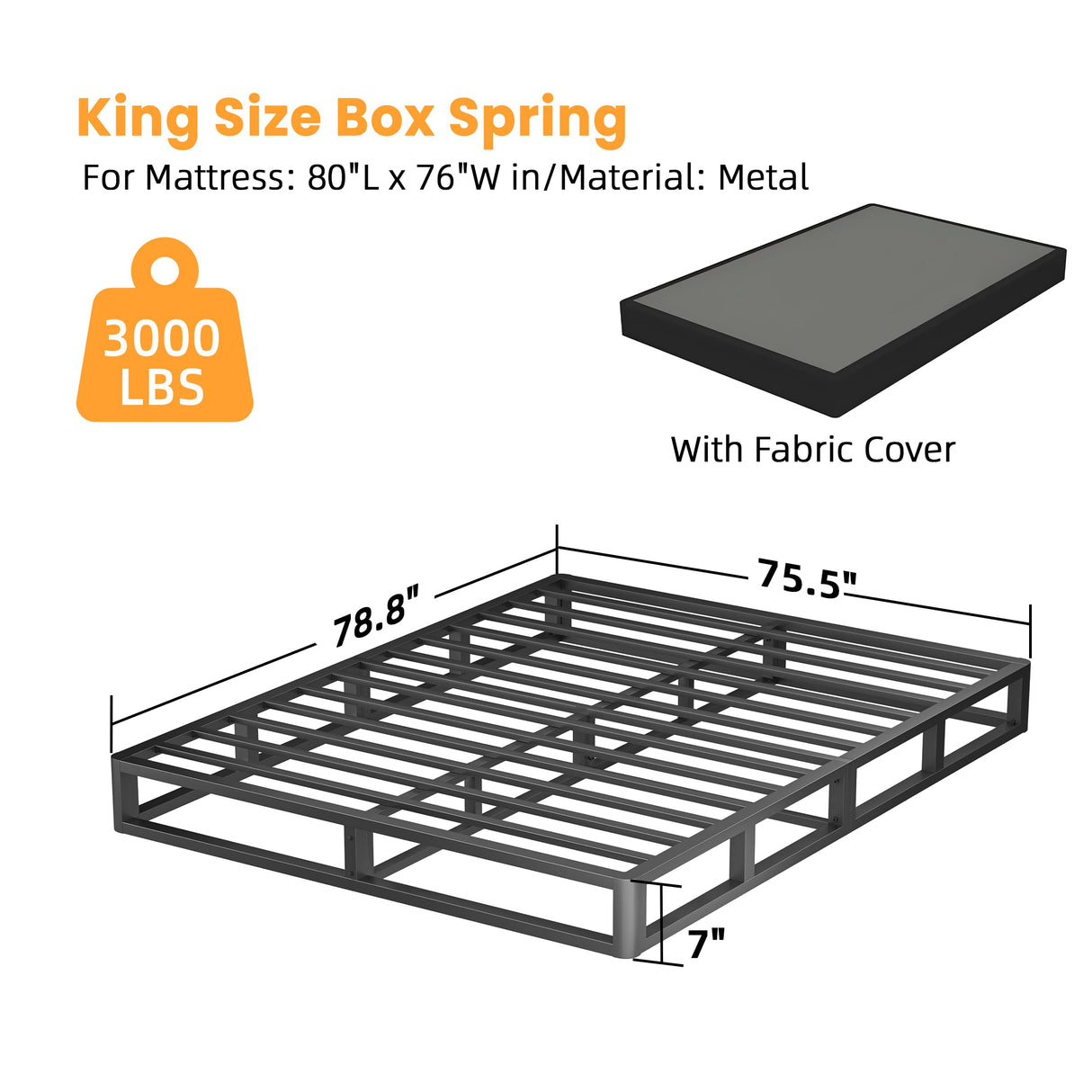 VIPSHOW 7 Inch King Metal Box Spring with Round Corners - 3000 lbs Capacity, High Profile Heavy Duty Mattress Foundation with Steel Slats, Noise-Free, Easy Assemble, Black VIPSHOW