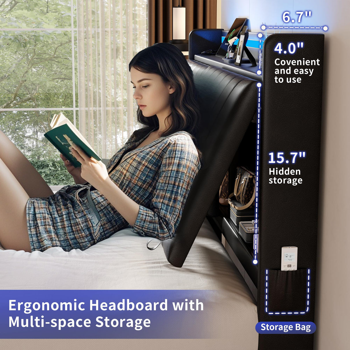 Queen Size Floating Bed Frame with Ergonomic Hidden Storage Headboard and LED Lights, Visual Floating LED Bed Frame with Charing Station, Leather Upholstered Platform Bed, No Box Spring Needed, Black Jocoevol