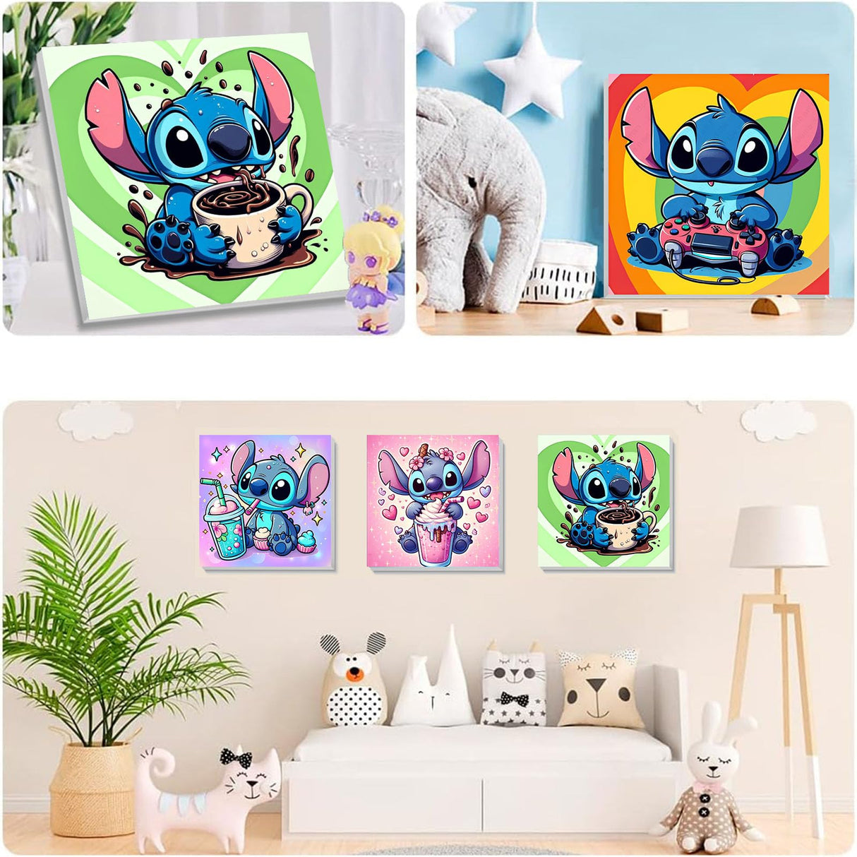 KOJEFCV 4 Pack Cartoon Paint by Numbers for Kids with Framed Canvas-with Wooden Easel, Paint by Number for Kids Ages 4-8-12, DIY Easy Acrylic Oil Painting Kits for Home Wall Decor (8X8inch) KOJEFCV