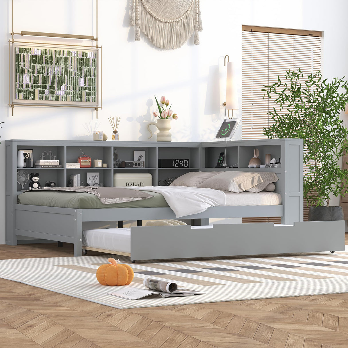 Merax Full Size Day Bed with Twin Trundle, Wooden DayBed with Storage Shelf and USB Charging Ports, Full Corner Bed Frame,Grey Merax