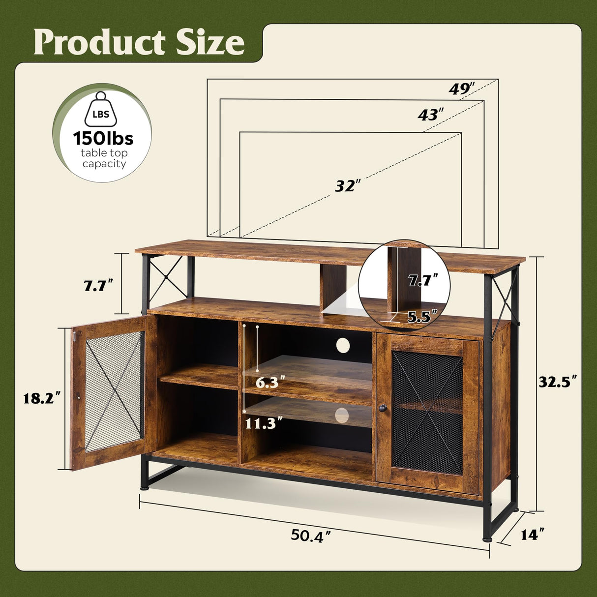 WLIVE TV Stand 55 inch TV,Tall Entertainment Center with Storage, Farmhouse Industrial TV Console for Bedroom Living Room, Rustic Brown WLIVE