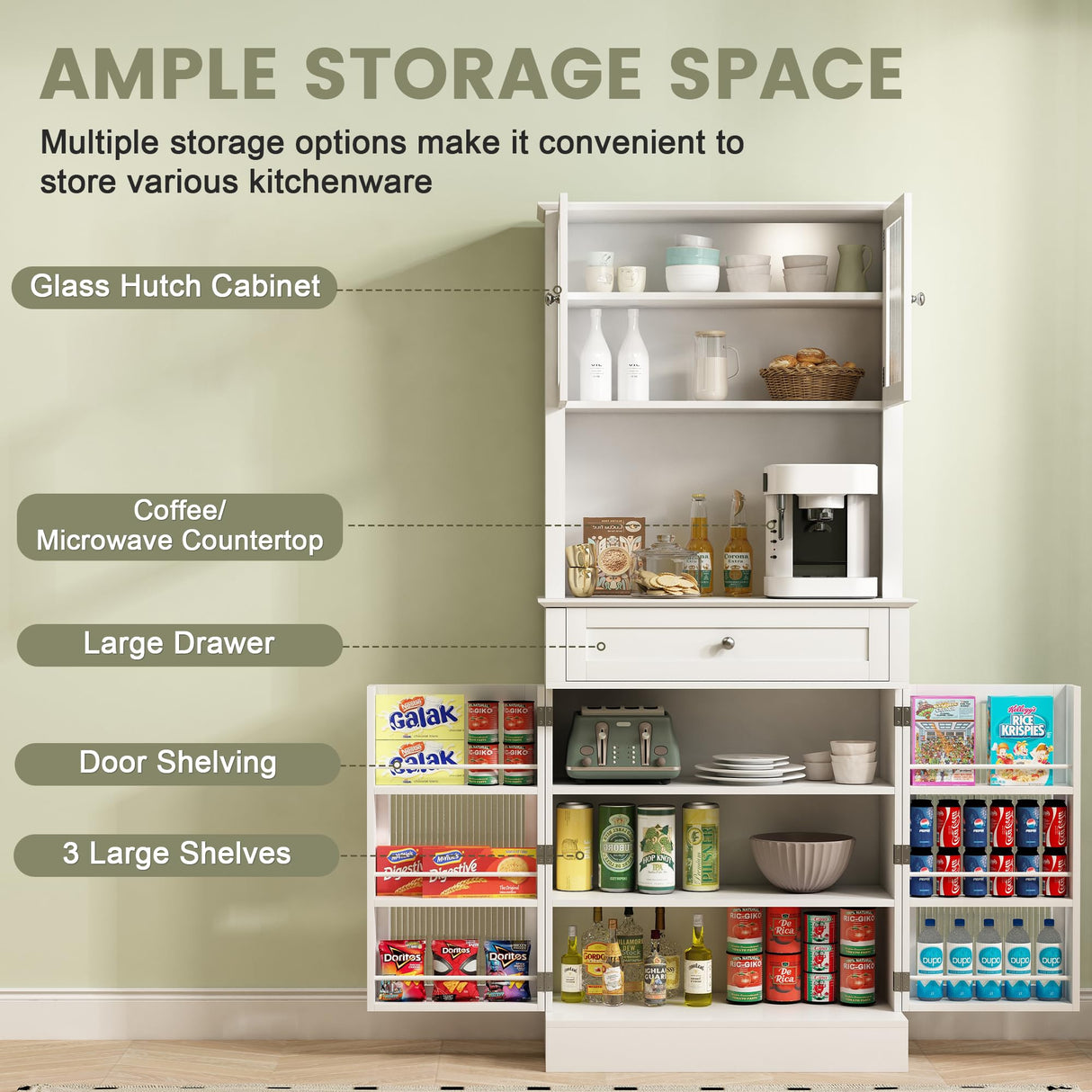 Kitchen Pantry Storage Cabinet with Drawers, 4 Doors and 3 Shelves, 70" Tall Narrow Coffee Bar Station w/Glass Hutch, Microwave Countertop, Food Organizers, Bathroom Cabinet for Small Space, White GlouMod