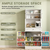 Kitchen Pantry Storage Cabinet with Drawers, 4 Doors and 3 Shelves, 70" Tall Narrow Coffee Bar Station w/Glass Hutch, Microwave Countertop, Food Organizers, Bathroom Cabinet for Small Space, White GlouMod