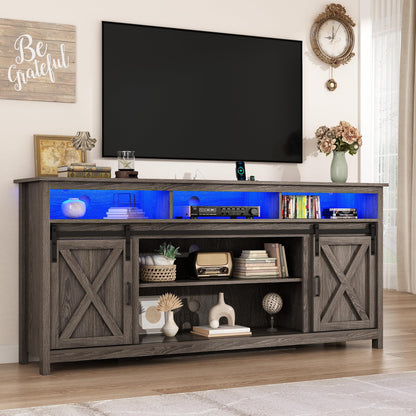 70" LED Farmhouse TV Stand for 80/75/70 Inch TVs,Tall Entertainment Center Storage Cabinets w/Power Outlets and Sliding Barn Door,Rustic TV Stands for Living Room,Media Console Cabinet (Charcoal)