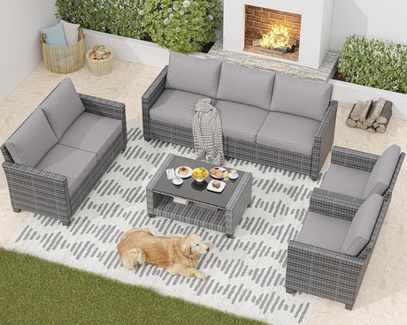 Patio Furniture Sets 6 Pieces, PE Wicker Modern Patio Conversation Set with Storage Cushions for Poolside, Deck, Balcony, Grey + Earthy Grey GAOMON