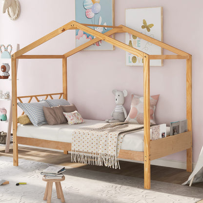 Harper & Bright Designs Natural Twin House Bed with Storage for Kids - WoodArtSupply