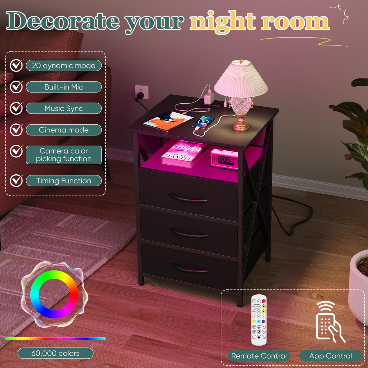 Furmax End Table, LED Nightstand Set of 2 with Charging Station and 3 Wooden Panel Fabric Drawers, 3-Tier Side Table with USB Ports and Outlets, for Bedroom, Living Room, Black Furmax