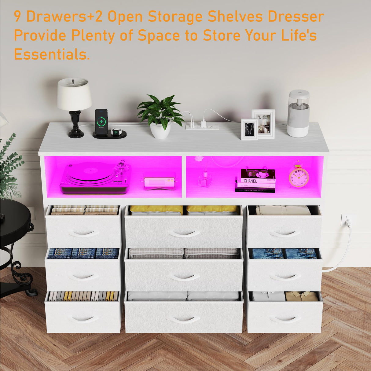 eiskah White Dresser for Bedroom, 9 Drawers Led Dresser TV Stand with Power Outlets and LED Lights, Long Fabric Dressers Wide Chest of Drawers with Large Organizer for Living Room, Entryway, Hallway eiskah
