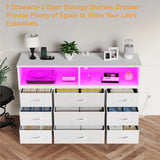 eiskah White Dresser for Bedroom, 9 Drawers Led Dresser TV Stand with Power Outlets and LED Lights, Long Fabric Dressers Wide Chest of Drawers with Large Organizer for Living Room, Entryway, Hallway eiskah