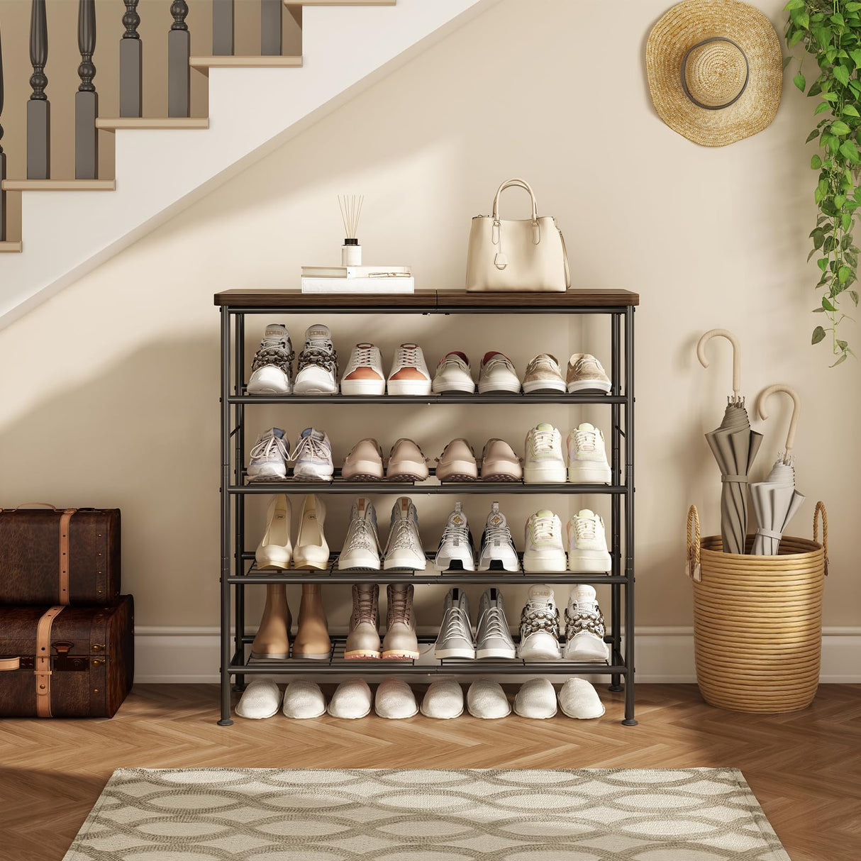 SUOERNUO Shoe Rack Organizer 5 Tier for Closet Entryway Free Standing Metal Storage Shoe Shelf with MDF Top Board，Black+Rustic Brown SUOERNUO