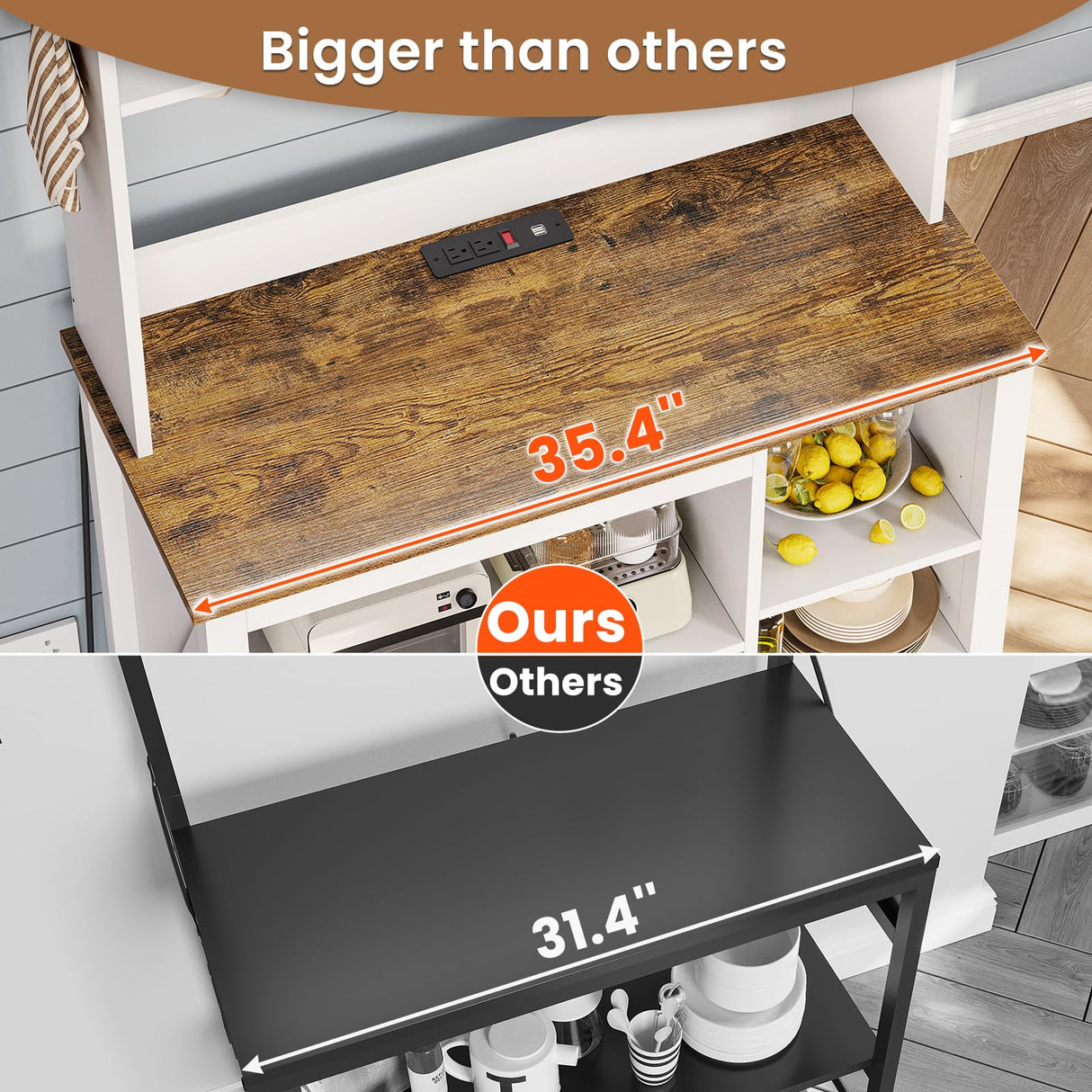 Itaar 35.4 inch Bakers Rack with Power Outlet and Storage, Farmhouse Coffee Bar Cabinet, Microwave Stand Kitchen Cabinet with Hutch, LED Lights, Wine Glass Holder and 8 Hooks，White Itaar