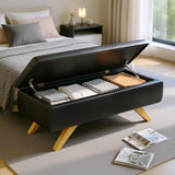 VECELO 44.1" Ottoman with Storage, Storage Ottoman Bench with 2 Gas Spring Lid Supports, PU Leather Upholstery, Solid Wood Legs, Black Shoe Bench for Bedroom, Living Room, Entryway VECELO